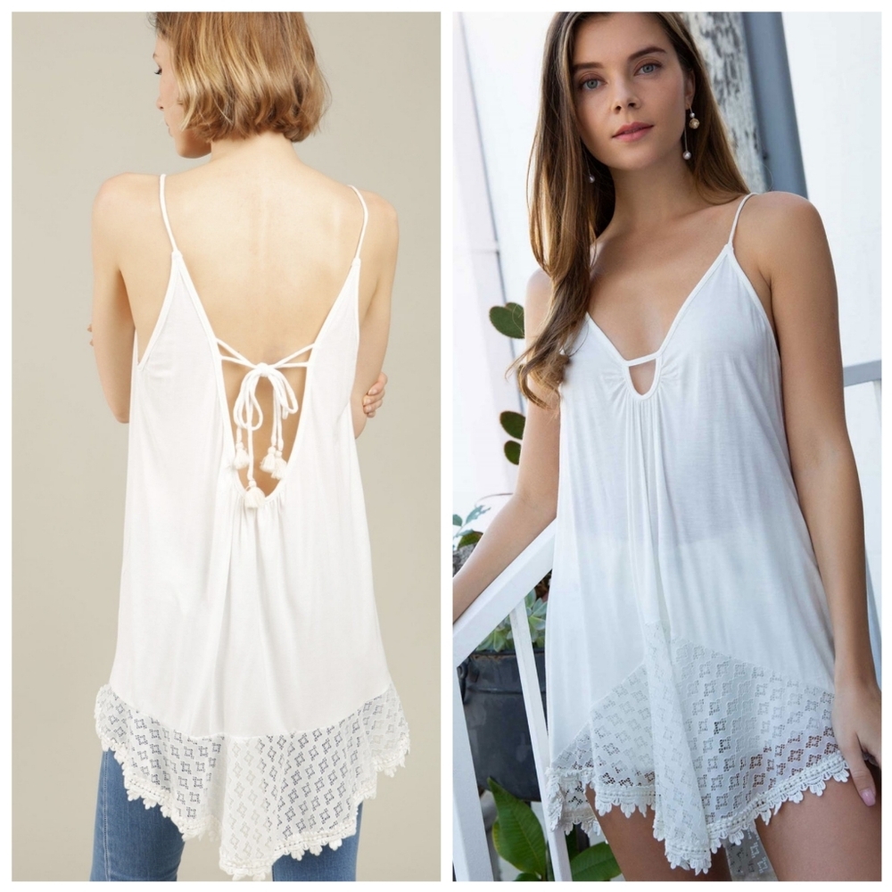 NWT POL Star Island Spaghetti Strap Lace Panel Tunic Top 🤍✨